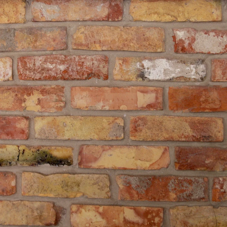 Zbliżenie na lico płytek ceglanych Inowrocław, prezentujące piaskowo-beżową kolorystykę z wyraźnymi białymi nalotami, przebarwieniami i naturalną, postarzaną strukturą.