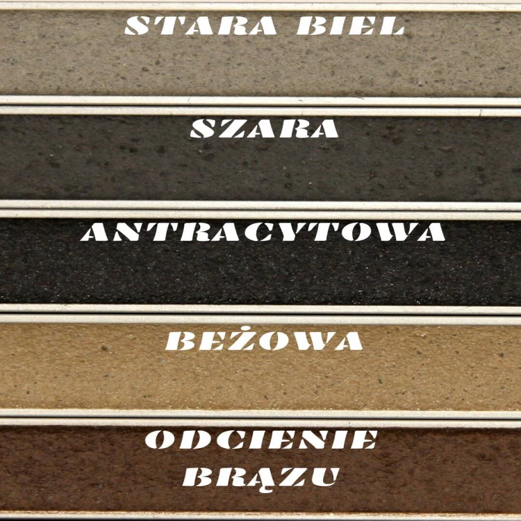 Tablica kolorystyczna fug dekoracyjnych z nazwami: stara biel, szara, antracytowa, beżowa oraz odcienie brązu, ułatwiająca wybór odpowiedniego koloru spoiny do cegły.