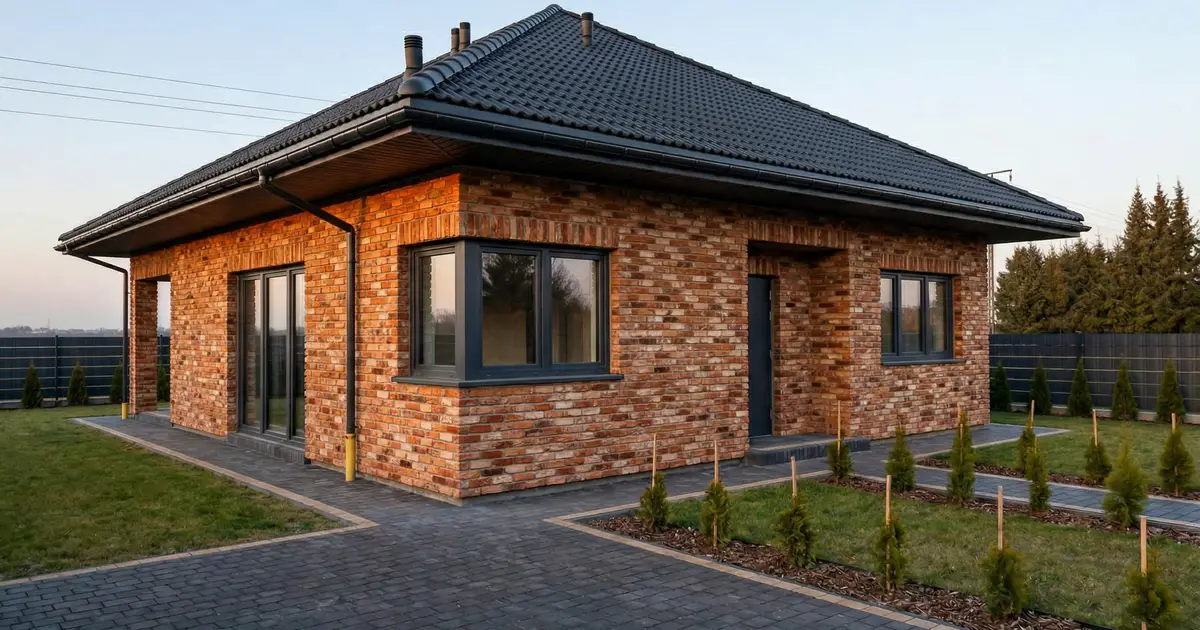 Gotowy nowoczesny dom parterowy wykończony autentyczną, czerwoną cegłą rozbiórkową.