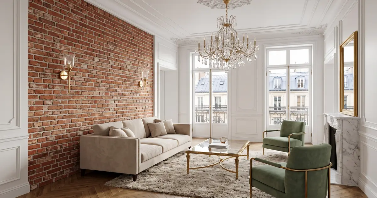 Luksusowy salon w stylu Modern Classic, w którym surowa ściana z czerwonej cegły kontrastuje z elegancką sztukaterią, złotymi kinkietami i kryształowym żyrandolem.