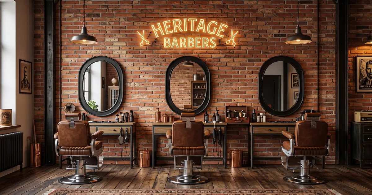 Ekskluzywny salon barberski z dominującą ścianą ze starej czerwonej cegły, na której wisi neonowy napis i duże lustra w stalowych ramach.