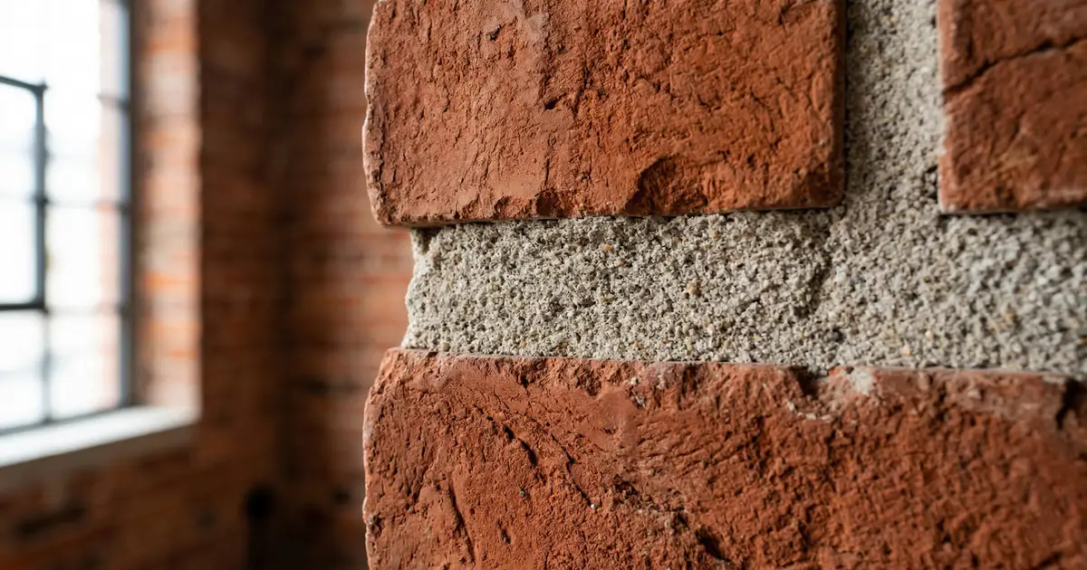 Perfekcyjnie wykonana, czysta, głęboka i gruboziarnista jasnoszara spoina pomiędzy dwiema płytkami z historycznej czerwonej cegły rozbiórkowej. Spoina posiada surową, piaszczystą teksturę, typową dla profesjonalnych fug z dodatkiem trasu wulkanicznego.