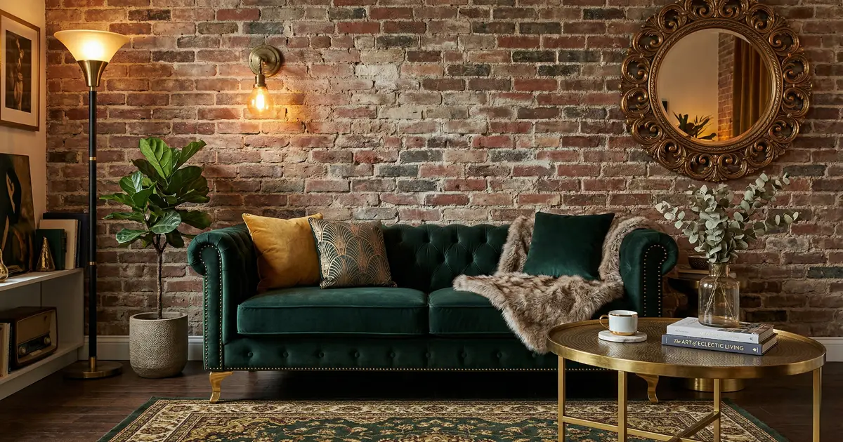 Detalowana aranżacja eleganckiego salonu ze ścianą z czerwonej starej cegły konstrukcyjnej. Zielona aksamitna sofa typu Chesterfield, ozdobne złote lustro i mosiężne oświetlenie punktowe tworzą klimat Premium.