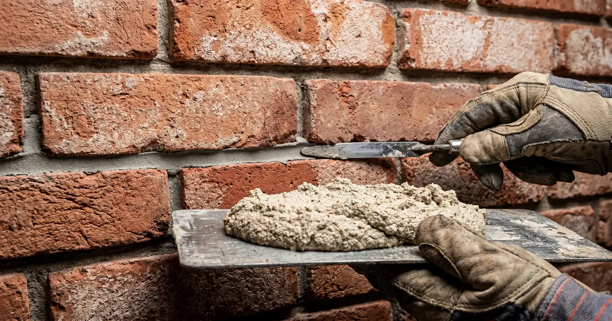 Zbliżenie na dłonie pracownika wciskającego szarą zaprawę między czerwone płytki z cegły za pomocą wąskiej kielni spoinarskiej.
