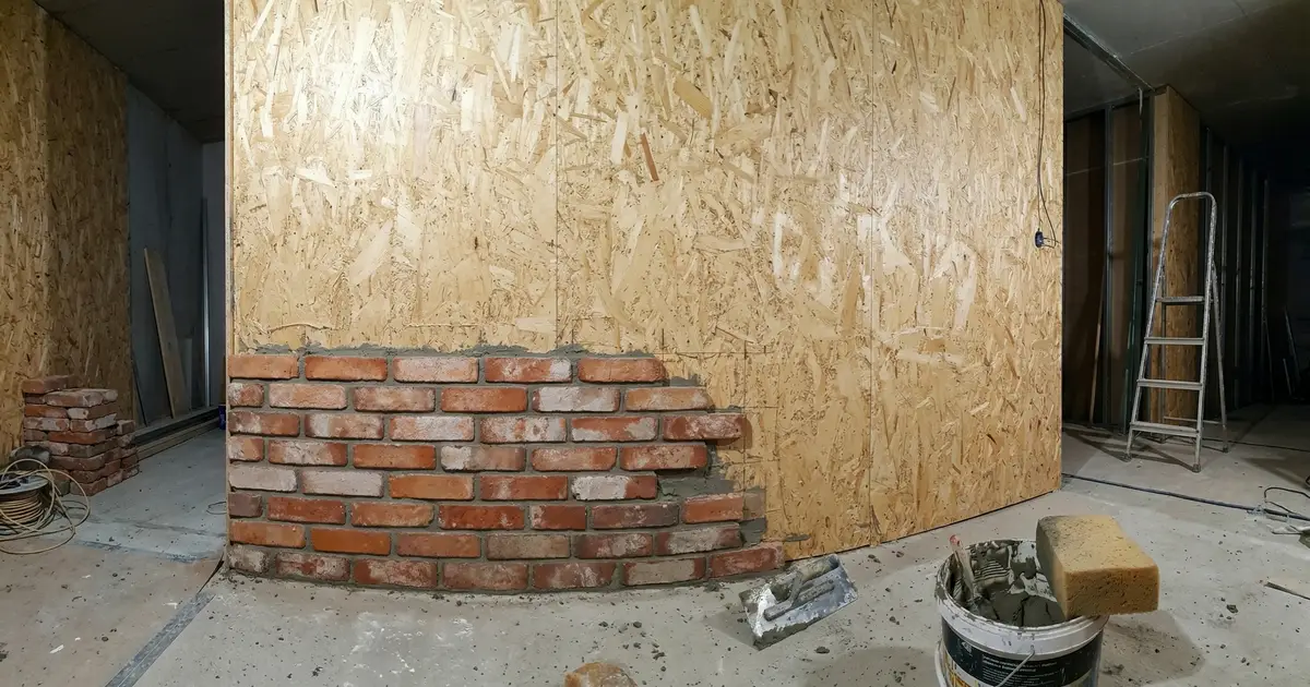 Fotorealistyczne ujęcie ściany z płyty OSB, na którą nałożono szary grunt szczepny z piaskiem kwarcowym, tworząc szorstki mostek kontaktowy pod montaż ciężkich płytek z cegły rozbiórkowej.