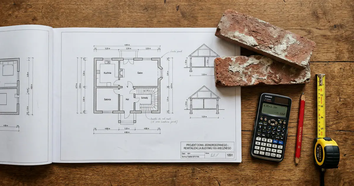 Rolka z planem architektonicznym domu rozłożona na stole obok próbki czerwonej starej cegły rozbiórkowej i kalkulatora.