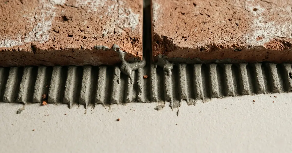 Ekstremalne zbliżenie makro pokazujące strukturę elastycznego kleju z bruzdami po pacy zębatej, łączącego chropowatą płytkę ze starej cegły z gładką powierzchnią płyty karton-gips.