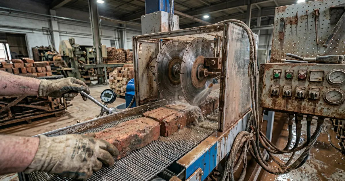 Pracownik manufaktury przecinający dużą czerwoną cegłę z rozbiórki na nowoczesnej pile wodnej z tarczą diamentową.