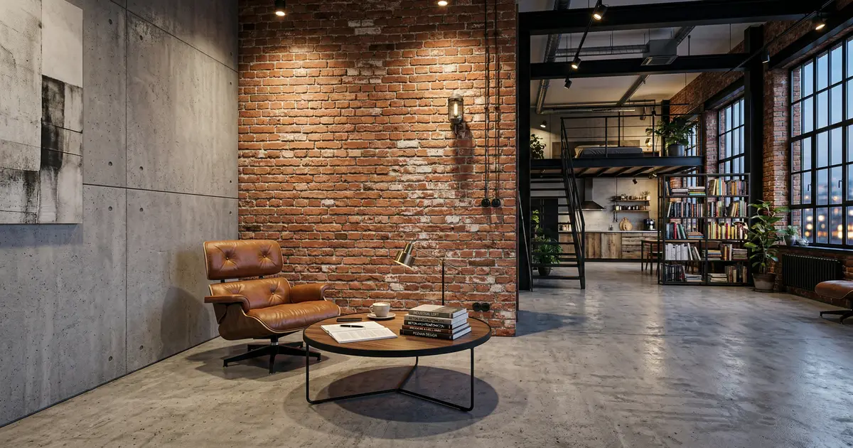 Widok na minimalistyczny salon w stylu loft, gdzie centralna ściana z surowej czerwonej cegły łączy się z betonowymi panelami. Skórzany fotel Eames z podnóżkiem i designerski metalowy regał na książki.