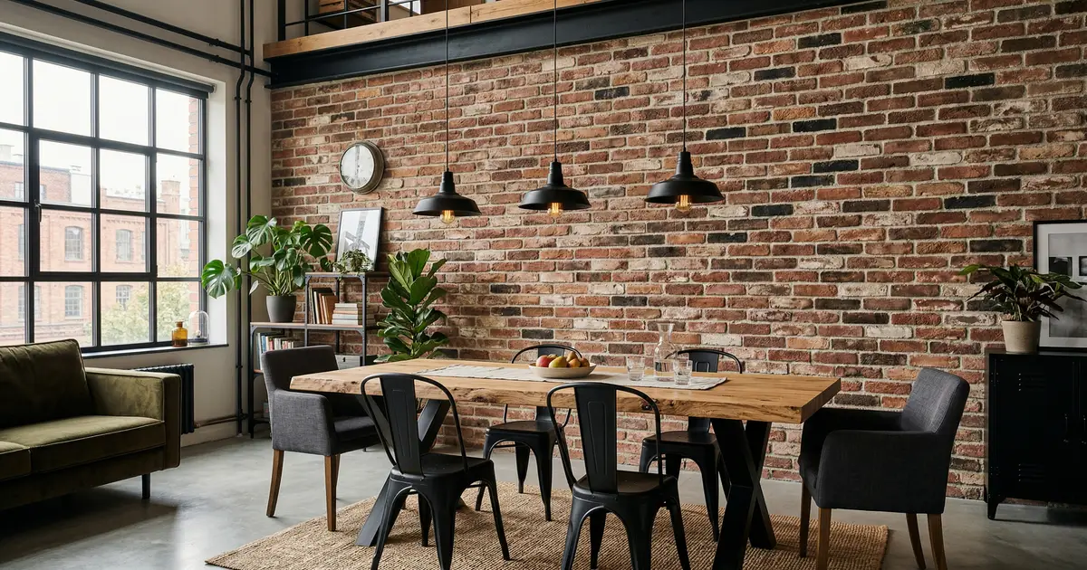 Jasna i przestronna jadalnia w stylu modern loft z dominującą ścianą z czerwonej cegły rozbiórkowej. Długi drewniany stół, czarne metalowe krzesła Tolix i cztery industrialne czarne lampy wiszące tworzą charakter wnętrza.