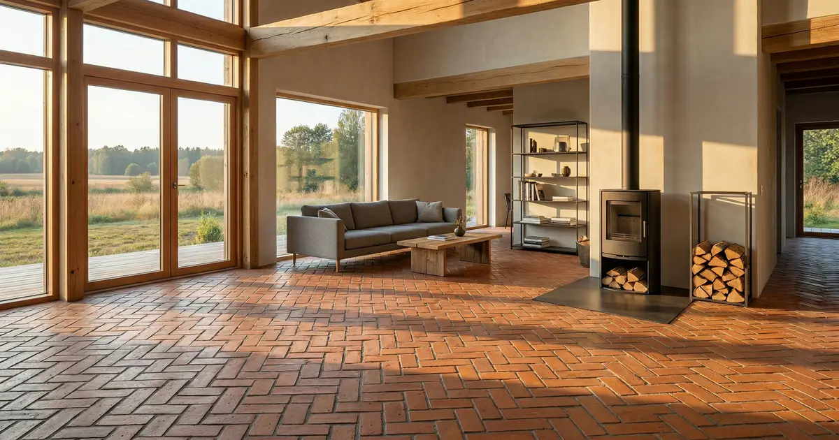 Wnętrze salonu z podłogą wyłożoną historyczną, rdzawą cegłą rozbiórkową z widocznym w tle kominkiem.