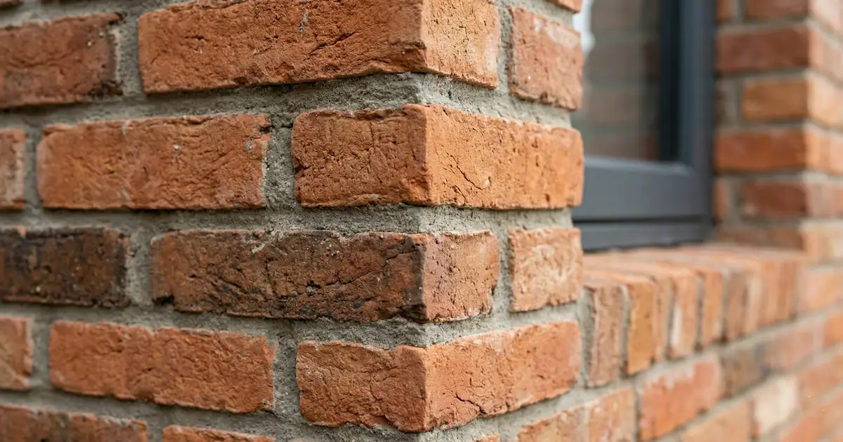 Dokładne zbliżenie na róg ściany z oklejonymi wnękami okiennymi za pomocą płytek narożnych z historycznej czerwonej cegły.