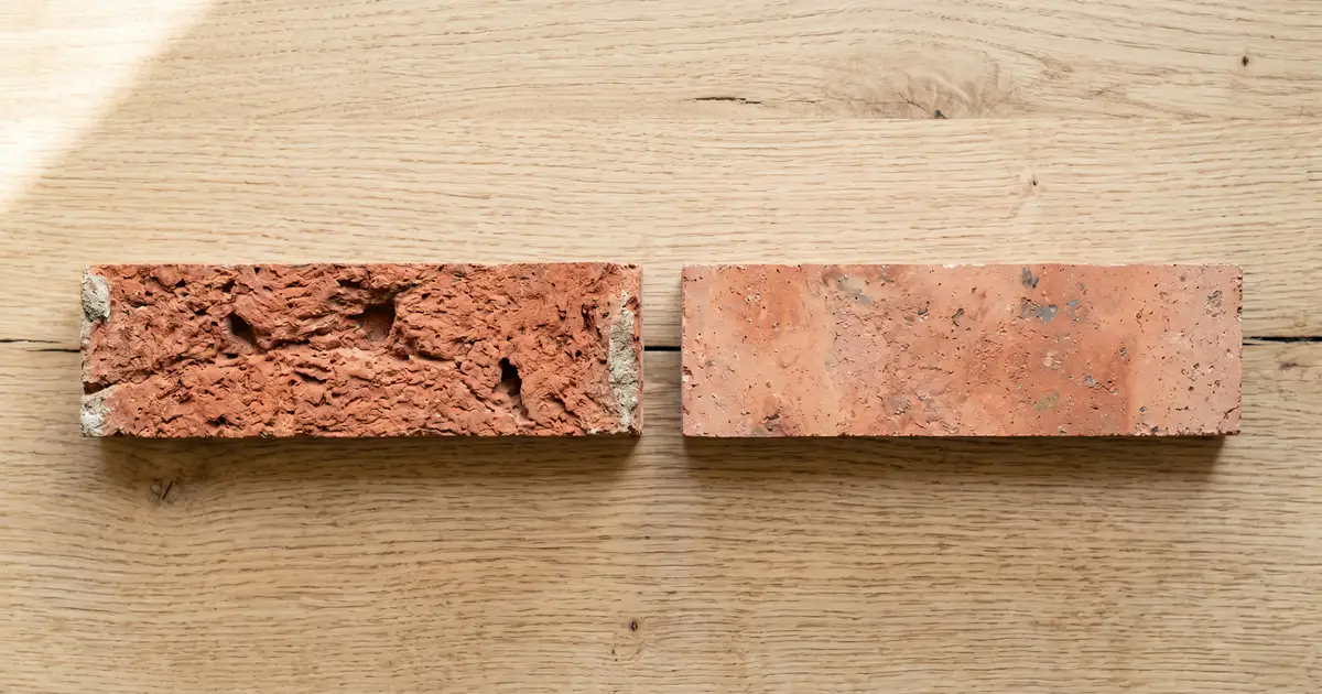 Zbliżenie na dłoń trzymającą dwie płytki z cegły: jedna bardzo chropowata z resztkami zaprawy (lico), druga płaska i gładka w jednolitym kolorze (środek).