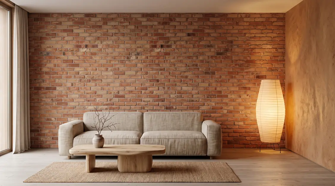 Minimalistyczny salon w stylu Japandi z jasnym drewnem, lnianą sofą i akcentową ścianą z autentycznej, czerwonej cegły rozbiórkowej.