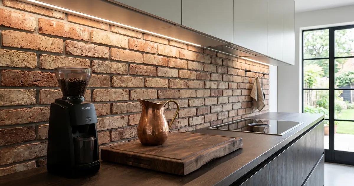 Nowoczesna kuchnia z loftową ścianą nad blatem roboczym wyłożoną prawdziwą czerwoną cegłą rozbiórkową, dobrze oświetloną taśmą LED.