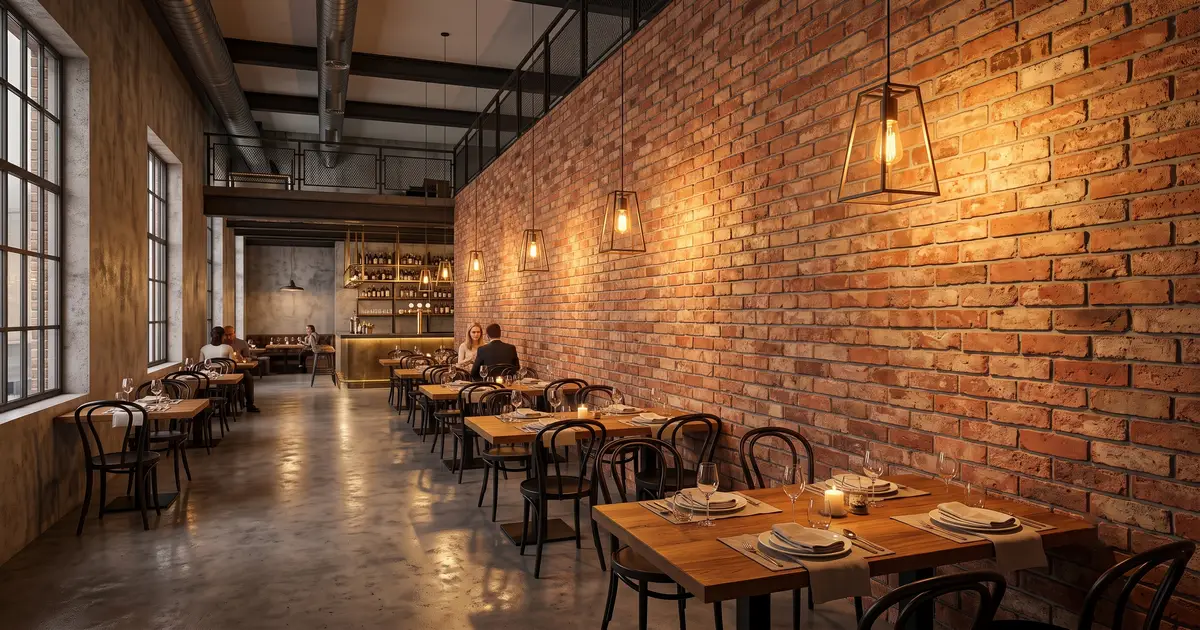 Stylowa, nowoczesna restauracja w stylu loftowym z dominującą ścianą z autentycznej czerwonej cegły rozbiórkowej, ciepłym oświetleniem i drewnianymi stolikami.
