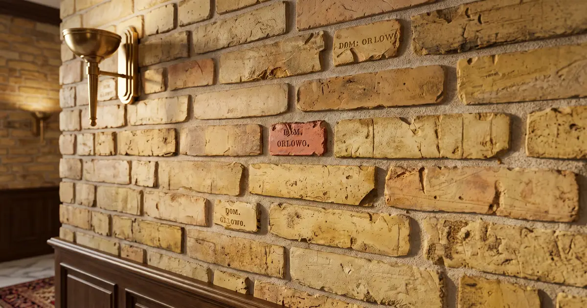 Elegancka ściana w salonie z lica zabytkowej cegły układanej we wzór flamandzki z widocznymi naprzemiennie połówkami i całymi płytkami.