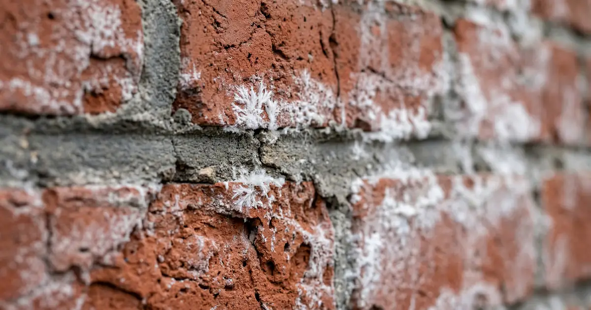 Detal architektoniczny w dużym zbliżeniu makro, pokazujący zniszczoną, źle zafugowaną ścianę z historycznej czerwonej cegły rozbiórkowej. Wokół szarych, osypujących się spoin widoczne są wyraźne, krystaliczne białe wykwity solne i kredowy nalot.