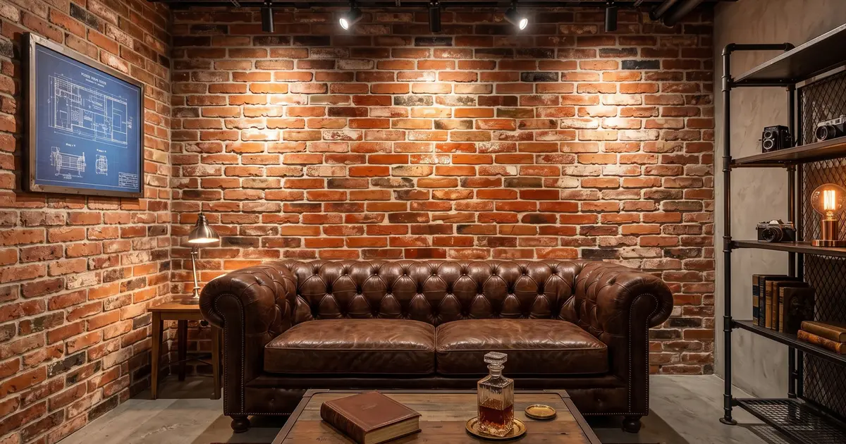 Stylowy, industrialny salon ze ścianą z cegły rozbiórkowej o bogatej strukturze z wyraźnymi, ciemnymi przepaleniami.