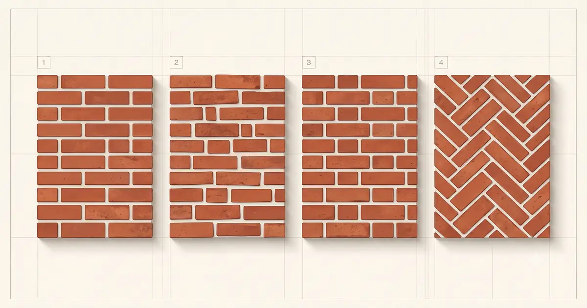 Architektoniczna grafika przedstawiająca zestawienie najpopularniejszych wzorów układania płytek ze starej cegły: wiązanie wozówkowe, flamandzkie i jodełkę.