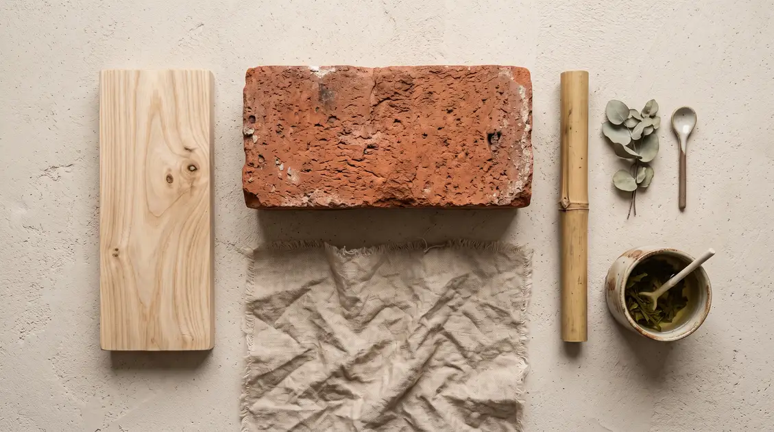 Aranżacja typu flat lay łącząca surową cegłę z naturalnym lnem i drewnem w stylu Japandi.